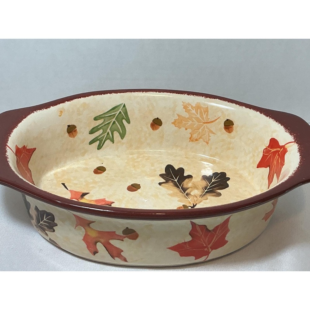 Autumn Harvest Leaves and Acorns Oval Ceramic Baking Dish with Handles 10.5in